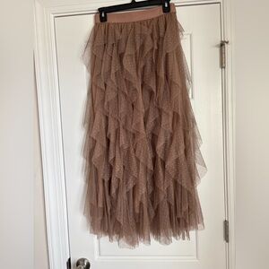 LTX Brown Ruffled Tulle Midi Skirt